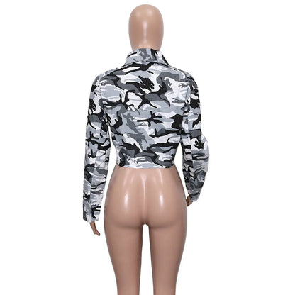 Women's Clothes Coats Casual Fashion Camouflage Print Large Pocket Lapel Long Sleeve Short Jacket for Women