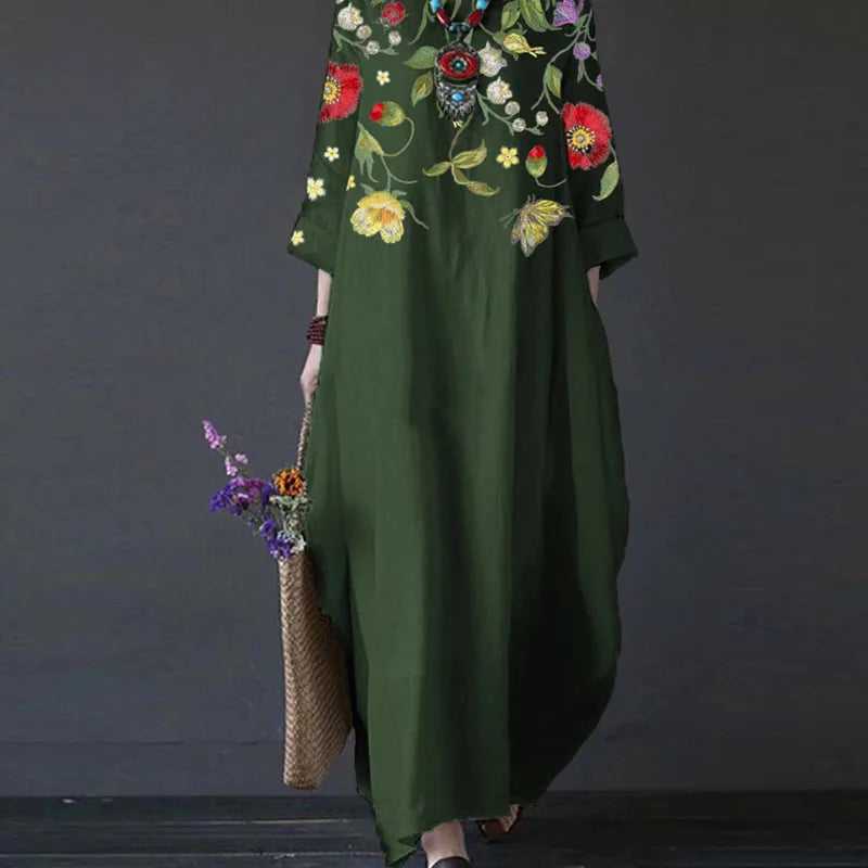 Elegant Boho Loose Swing Maxi Dress Retro Art Print 3/4 Sleeve Pocket Long Dress Casual O-Neck Office Lady Pullover Dress Mujer