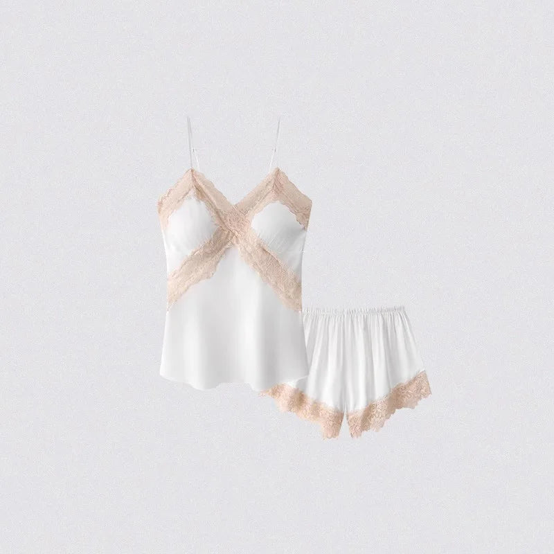 Womens Sexy Satin Pajama Set Lace Trim Cami Top Shorts Lingerie Sleepwear Silky Black Cream V Neck Spaghetti Strap Two Piece