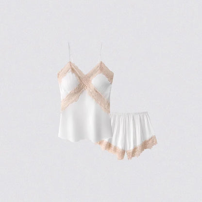 Womens Sexy Satin Pajama Set Lace Trim Cami Top Shorts Lingerie Sleepwear Silky Black Cream V Neck Spaghetti Strap Two Piece