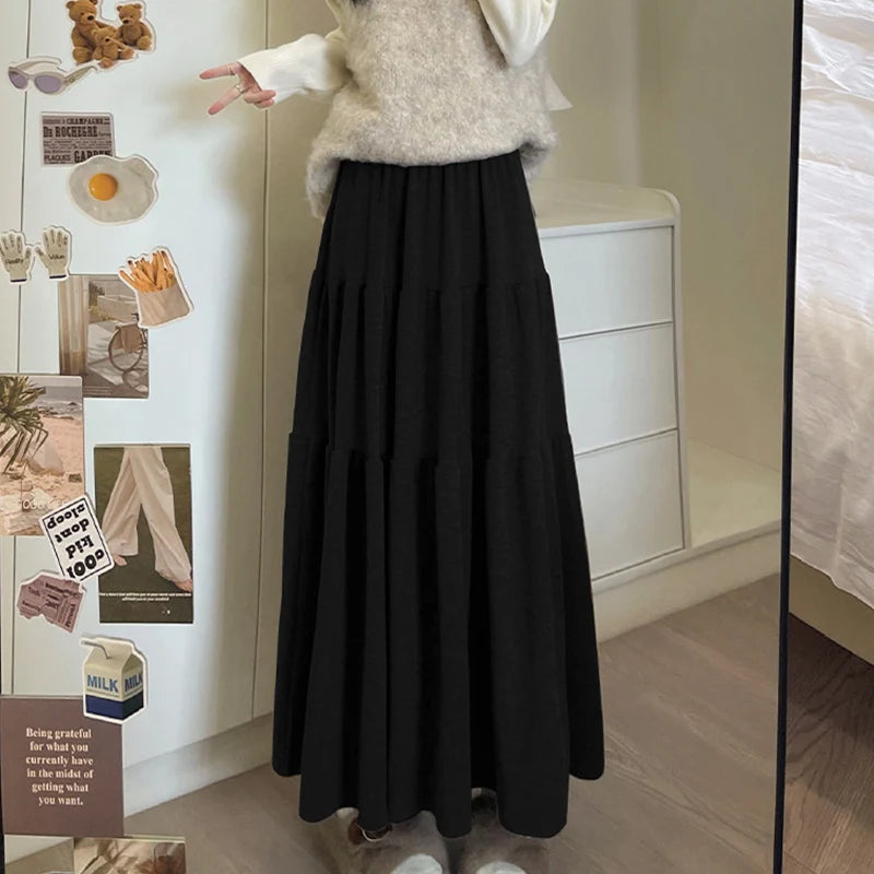 Autumn Casual Knit Pleated Skirt for Women Elegant Solid Color A Line Long Skirts Korean Streetwear High Waist Patchwork Skirt