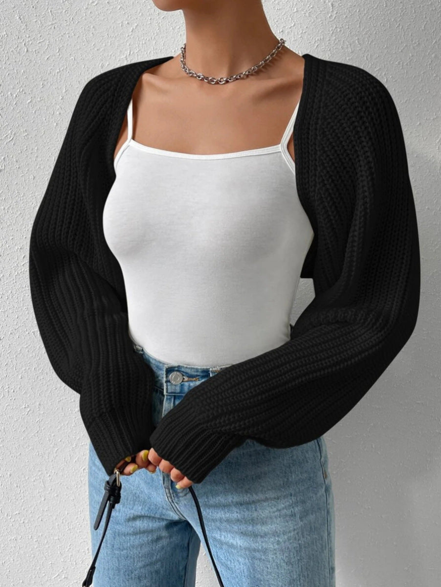 Women s Open Front Cropped Cardigan Long Sleeve Solid Color Ribbed Knit Shrug Sweater Bolero Tops