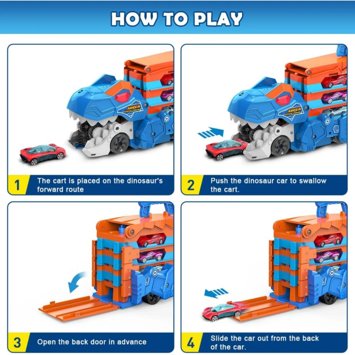 VATOS Dinosaur Transport Truck Car Toy 2 in 1 Ejection Folding Track Toys with Sound, Portable Truck Car Toy with 8 Race Cars