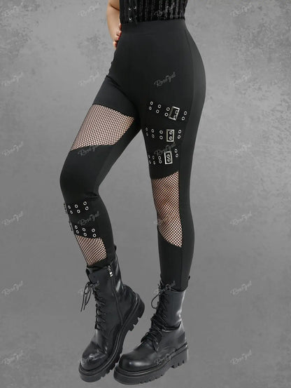 ROSEGAL Plus Size Women Elastic Waist Pants Black Gothic Fishnet Hollow Out Patchwork Buckle Grommet Skinny Pant Bottoms