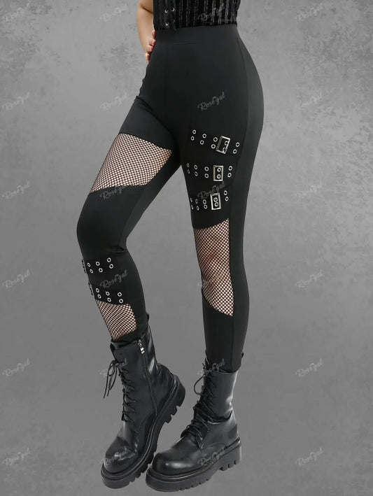 ROSEGAL Plus Size Women Elastic Waist Pants Black Gothic Fishnet Hollow Out Patchwork Buckle Grommet Skinny Pant Bottoms