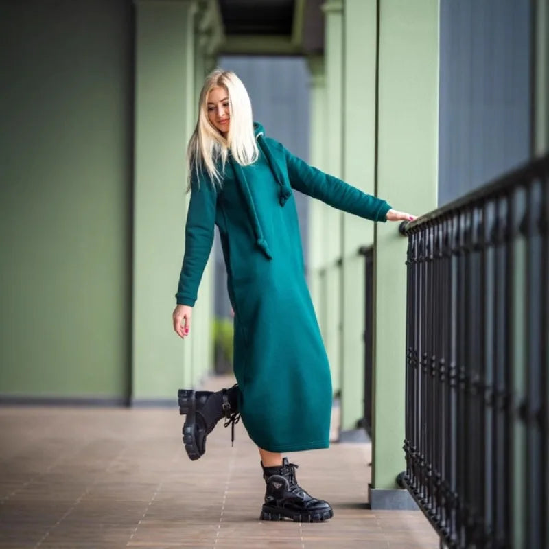 Plus Size Women Fashion Loose Autumn Winter Large Knitted Hooded Long Dress Velvet Hoodie Casual Dress Splicing Warm Dress