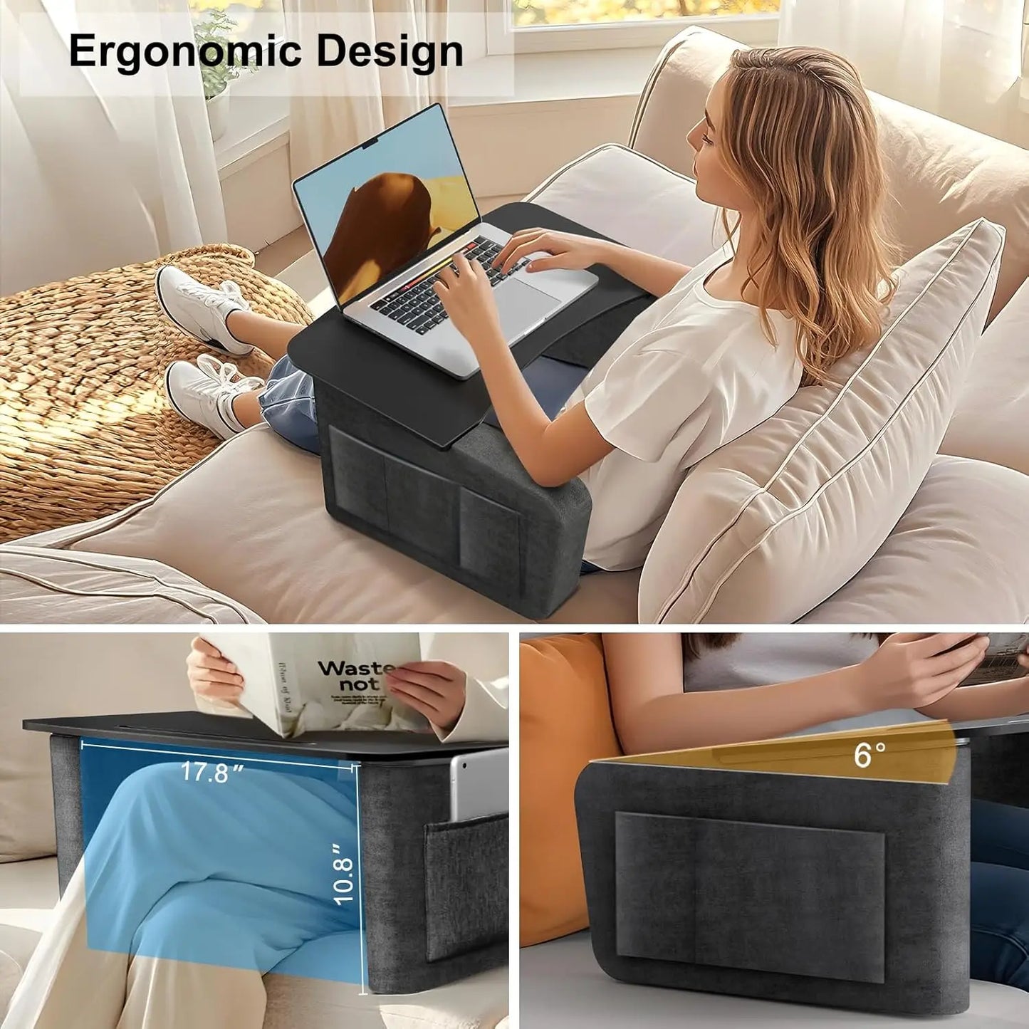 Overbed Table With Tablet And Phone Slot, Over Bed Desk With Arm Rests, Bed Table For Eating And Laptop, Working, Writing In Bed