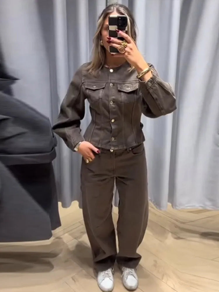 Vintage Solid Denim Jacket Pants Sets Women O-neck Single Breasted Long Sleeve Coat Wide Leg Trousers 2025 Jeans Outfits Street
