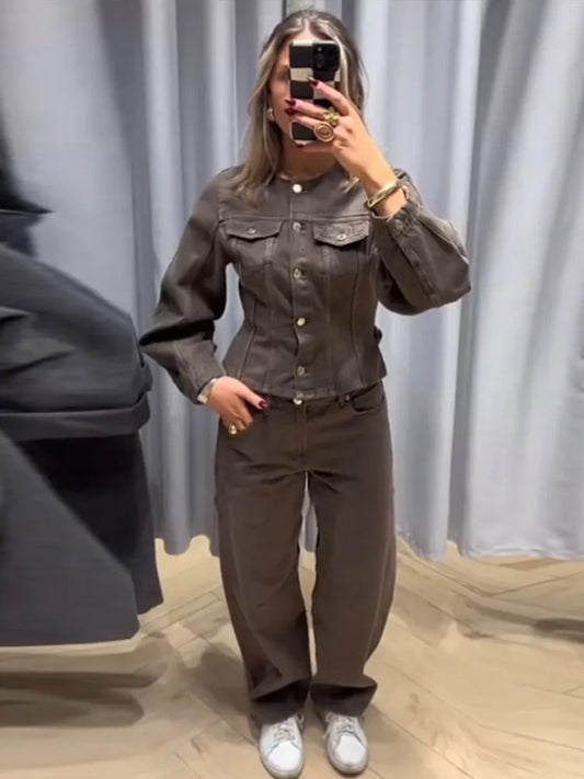Vintage Solid Denim Jacket Pants Sets Women O-neck Single Breasted Long Sleeve Coat Wide Leg Trousers 2025 Jeans Outfits Street