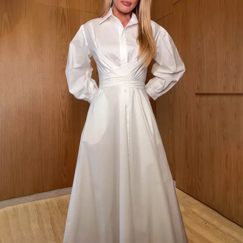 Summer New Women's Casual Long Sleeve Pure Color Slimming Dress Shirt Empire Waist Ankle Length Polo Collar Cross-Border Fashion