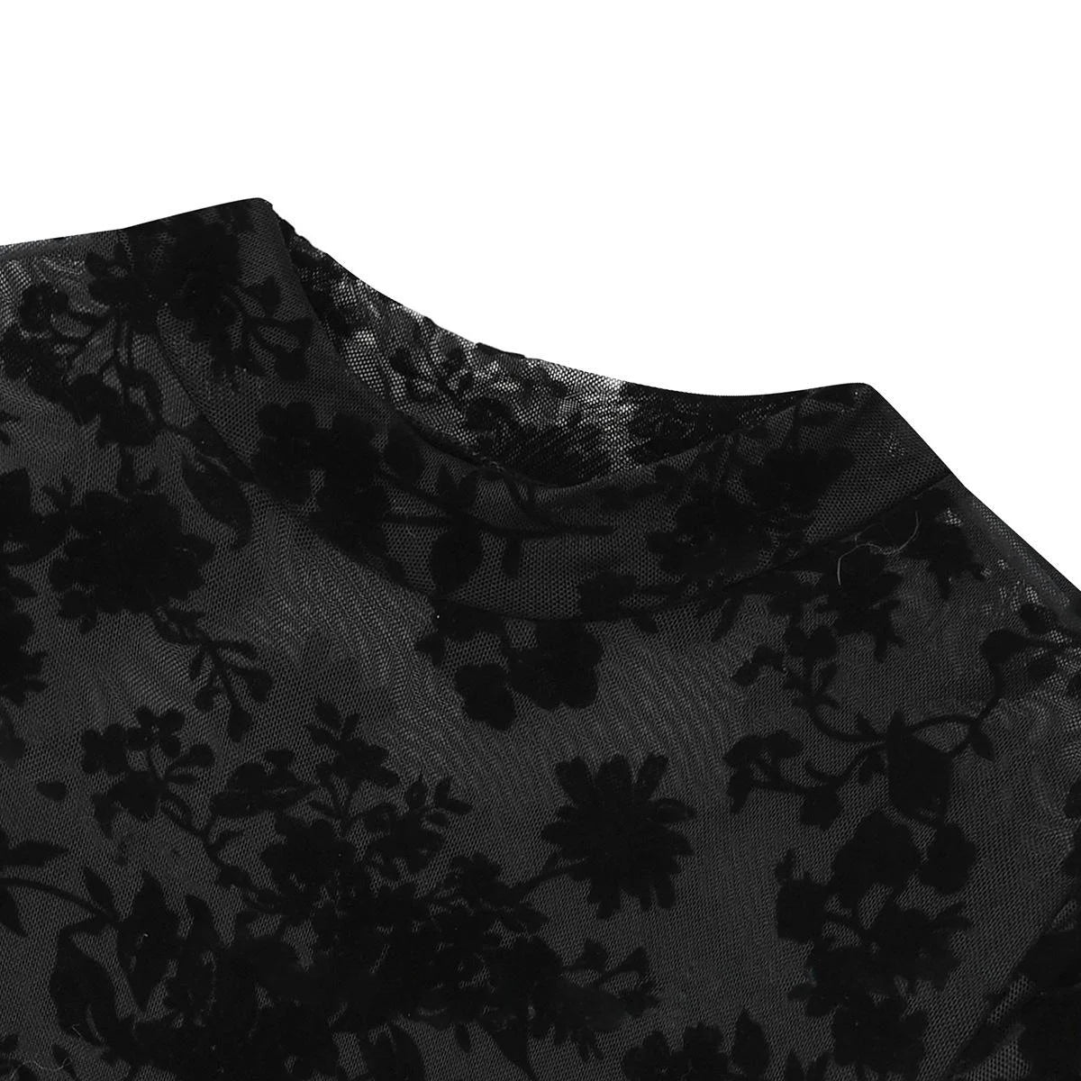 Sexy Women's Black Floral Flocking Sheer Mesh Mock Neck Long Sleeve Bodysuit