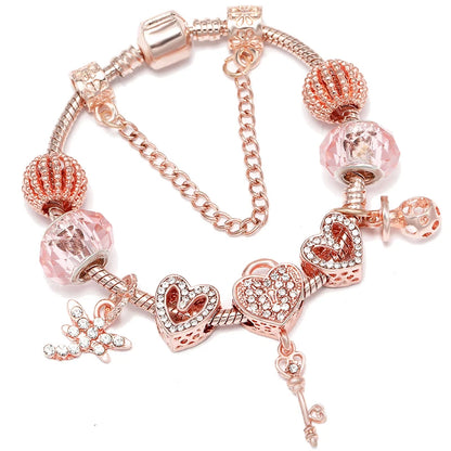 Spring Style Charms Bracelets For Women With Snake Chain Pink Daisy DIY Charms Beads Pendants Fashion Jewelry Dropshipping
