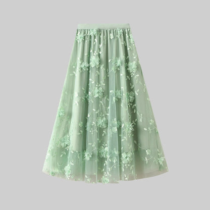 Korean Style Women's Floral Embroidered Mesh Skirt Harajuku High Waist A Line Midi Skirts Elegant Tulle Skirt Faldas Mujer