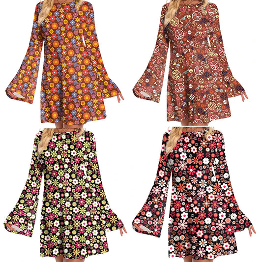 Hippie Dress for Women Fashion Floral Printed Outfit Dresses Holiday Clothes Casual Flare Sleeve Stage Perform Dress Ladies