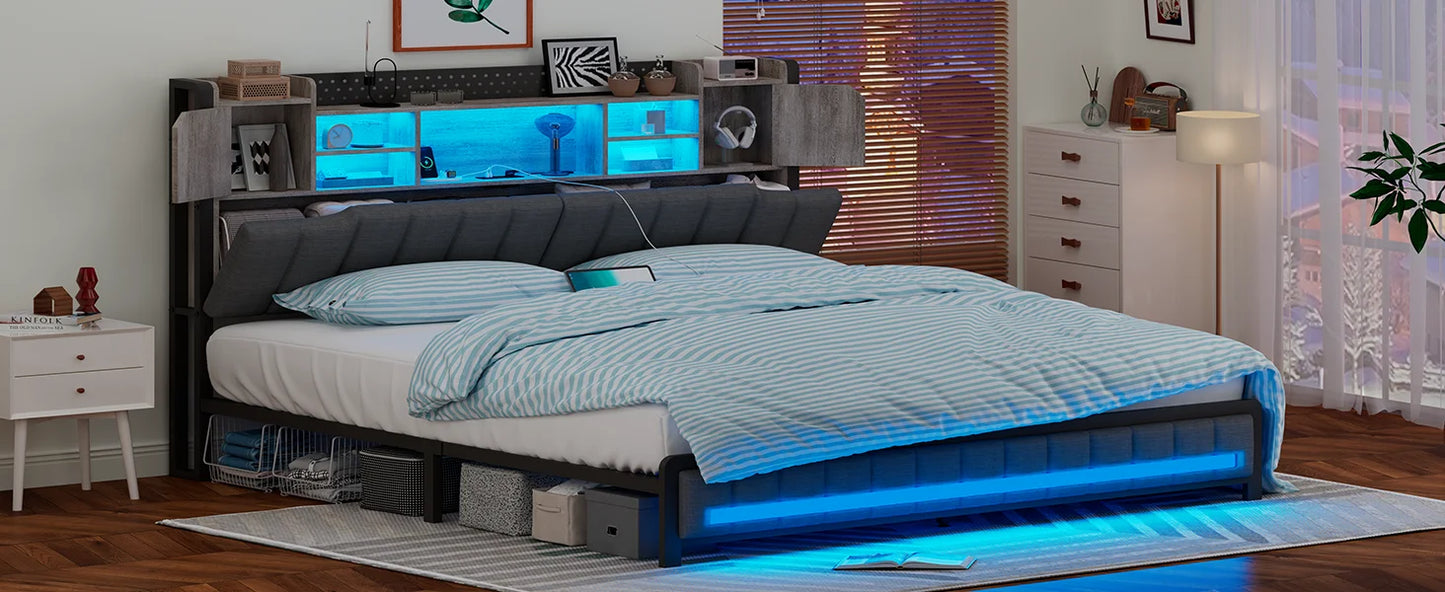 Queen Bed Frame with Storage Bookcase Headboard & LED Lights,Upholstered Bed Frame with USBCharging Station,No Box Spring Needed
