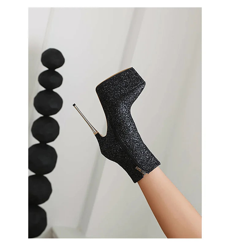 2025 New Autumn Winter Shiny Stiletto Ankle Boots Woman High Heels Glitter Bling Short Boots Women Platform Pointed Toe Shoes
