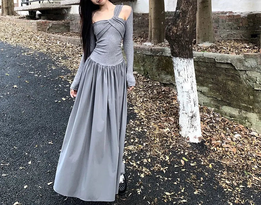 Autumn Skew Collar Halter Aura Dresses Solid Color Female Clothing Folds Stylish Irregular Basic Long Sleeve Spliced Long Dress