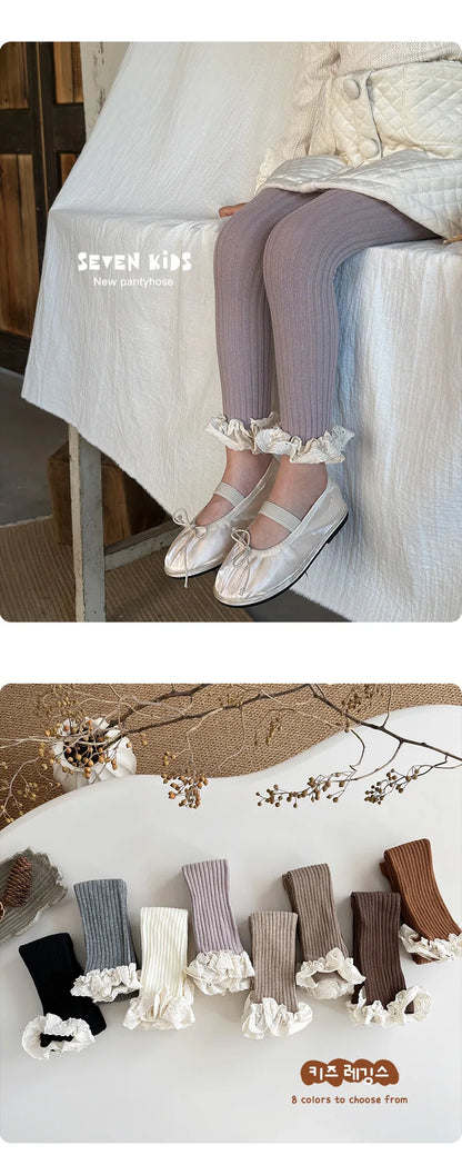 Autumn Baby Girls Leggings Ribbed Pants Cotton Lace Cuff  Toddler Kid Leggings Striped Casual Pants Kids Outfits Trousers