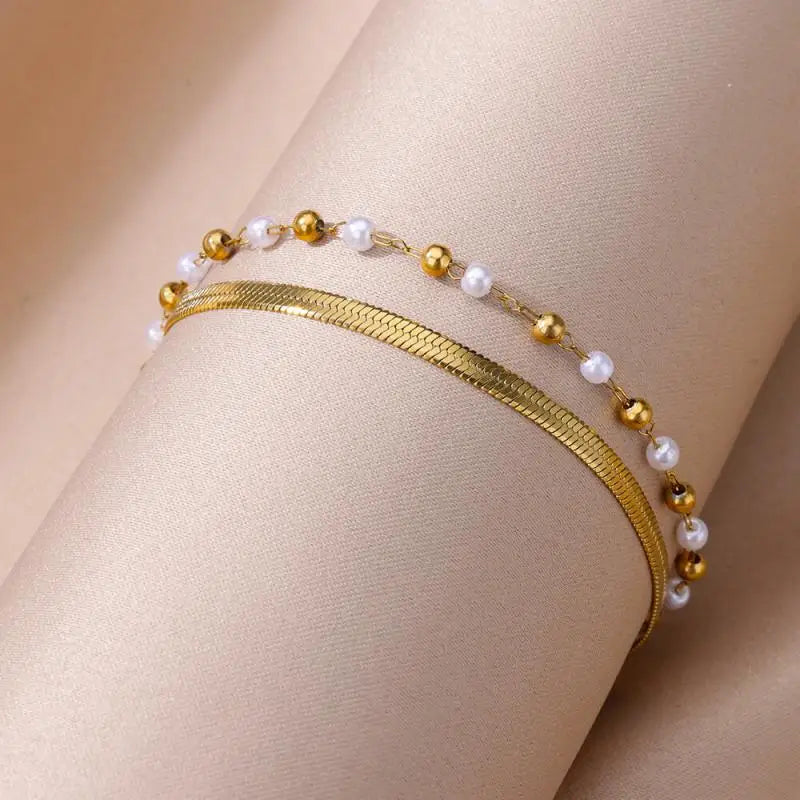 Anklets for Women Artificial Pearl Double Layer Stainless Steel Anklet Summer Beach Accessories Foot Leg Bracelets Jewelry Gifts