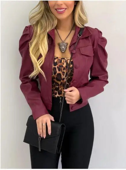 Women's Fashion Collar PU Leather Short Cardigan Jacket Fashionable Street Style Commuting Jacket Casual Versatile Wear