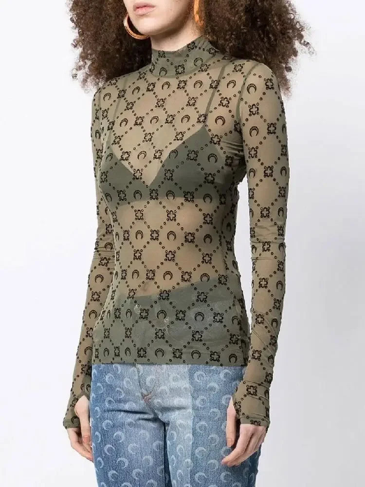 Spring Fashion Sexy Perspective Women's Pullover Mesh T-Shirt New Semi High Neck Long Sleeved Slim Fit Elastic Women T-Shirt