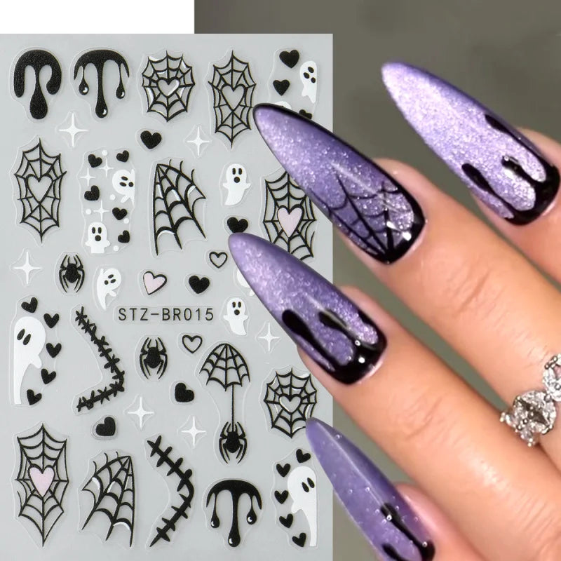 Spooky Halloween Stickers For Nails Cartoon Ghost Spider Web Heart Designs Spider Bat Adhesive Decals Holiday Manicure Supplies