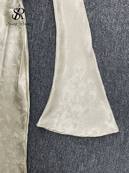 SINGREINY Senior Court Party Fishtail Dress Fashion V Neck Lace up Slim Chic Women Elegant Flare Sleeves France Retro Sexy Dress