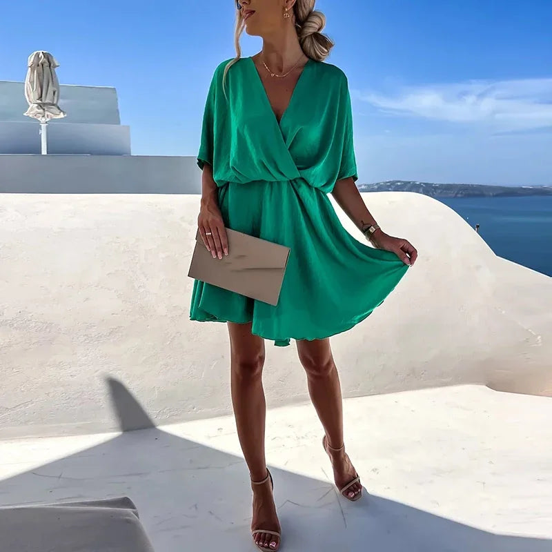Sexy V Neck Dresses For Women Elegant Short Sleeve Solid A-line Loose Mini Dress Women Casual Beach Party Dress Boho 2022