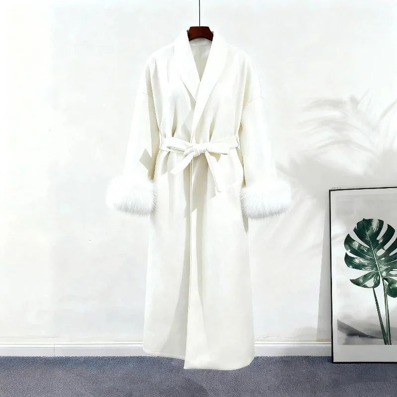 2025 Chic Lapel Plush Coat With Belt Women Vintage Solid Faux Fur Sleeve Tweed Open Coats Female Autumn Casual Street Outwear