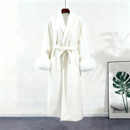 2025 Chic Lapel Plush Coat With Belt Women Vintage Solid Faux Fur Sleeve Tweed Open Coats Female Autumn Casual Street Outwear