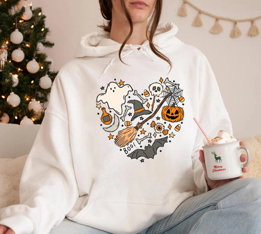 White Halloween spooky hoodie for women featuring fun ghost and pumpkin graphic design