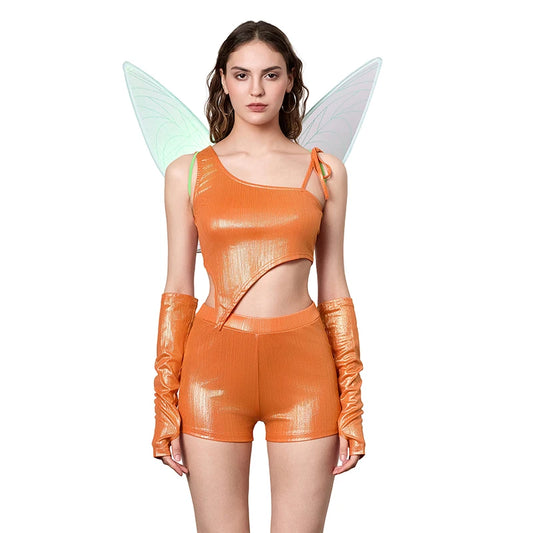 EtherealBe women's fairy Halloween costume featuring an orange shiny top and matching shorts with wings