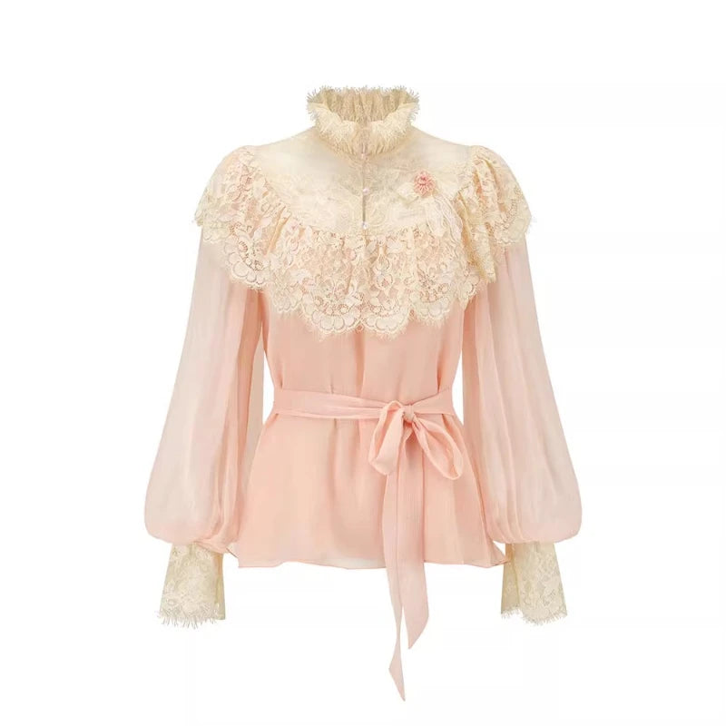 France Style Elegant Sweet 2 Piece Set Women Vintage Lace Patchwork Long Sleeve Blouse Top Mesh Skirt Suit Female Lolita Outfits