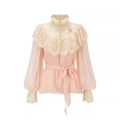 France Style Elegant Sweet 2 Piece Set Women Vintage Lace Patchwork Long Sleeve Blouse Top Mesh Skirt Suit Female Lolita Outfits