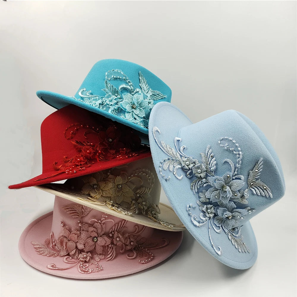 Embroidered three-dimensional flower fedora hat Women's jazz top hat Spring and autumn panama church fashion elegant wedding Hat