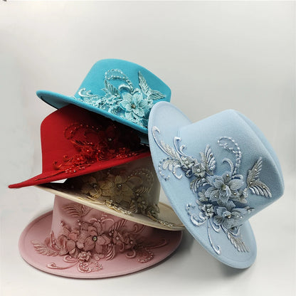 Embroidered three-dimensional flower fedora hat Women's jazz top hat Spring and autumn panama church fashion elegant wedding Hat