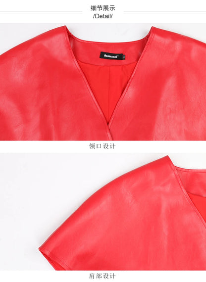 Nerazzurri Spring Short Red Faux Leather Vest Women Belt Runway Fashion Elegant Luxury Designer Clothes Sleeveless Jacket 2022
