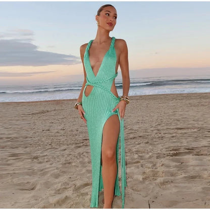 Sexy Knit High Slit Backless Long Dress Women Green Ribbed Hollow V-neck Dresses Female 2025 Summer Lady Beach Party Robes New