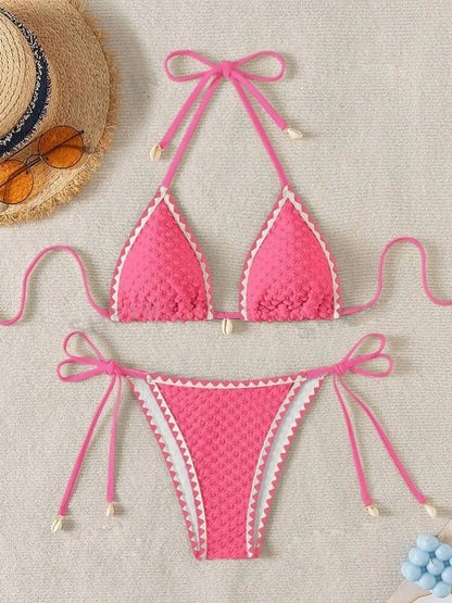 Sexy White Contrast Bikinis Sets 2025 Women Shell Ornament Push Up Tie Side Thong Swimsuit Summer Bathing Suit Micro Swimwear