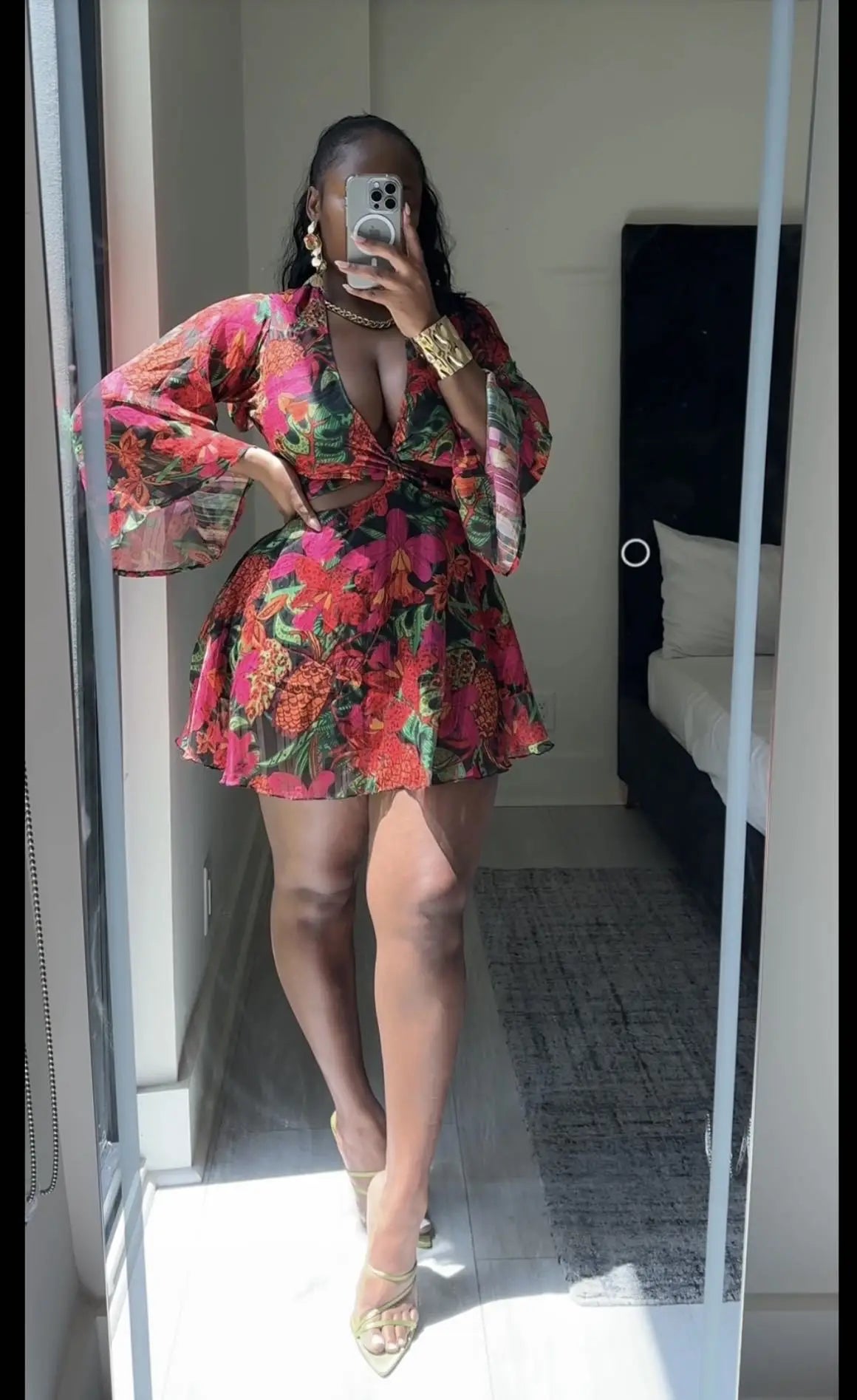 Two Piece Sets Women Skirt Set Print Floral Matching Sets V Neck Flare Sleeve Top Short Skirts Dress Sets Lace Up High Waist