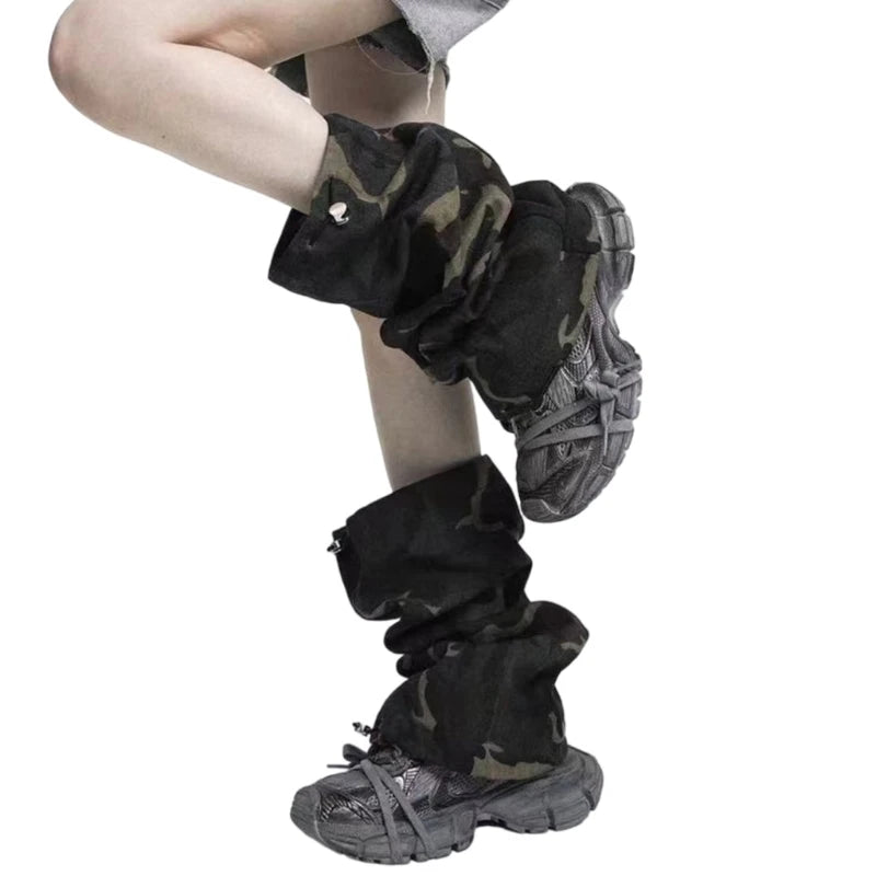 Women Harajuku Leopard Camouflage Leg Warmers Tiered Ruffled Knee Length Boot Cover Flared Footless Socks Streetwear 50cm/42cm