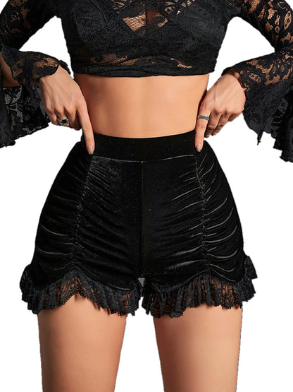 Goth Mall Gothic Velvet Ruched Sexy Shorts Skirts E-girl Grunge High Waist Skinny Bottoms Women Lace Hem Autumn Alt Clothes