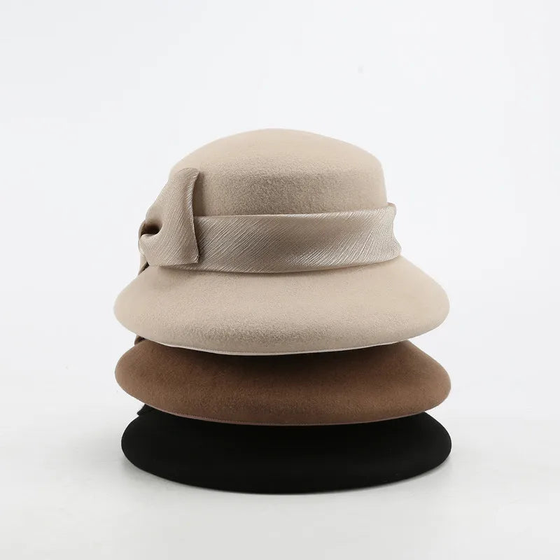 FS Fashion Warm Wool Felt Women's Fedoras Simple Chic Hats Bowknot Bucket Cap Ladies Top Hat Vintage Caps For Women