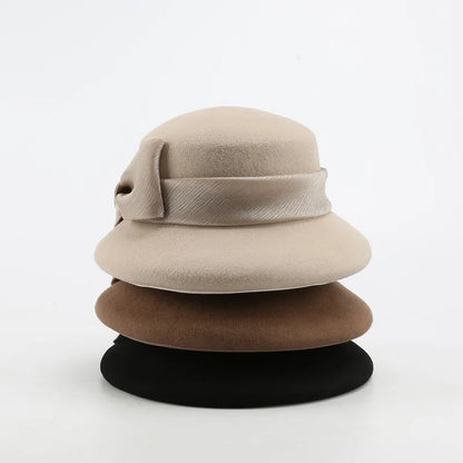 FS Fashion Warm Wool Felt Women's Fedoras Simple Chic Hats Bowknot Bucket Cap Ladies Top Hat Vintage Caps For Women