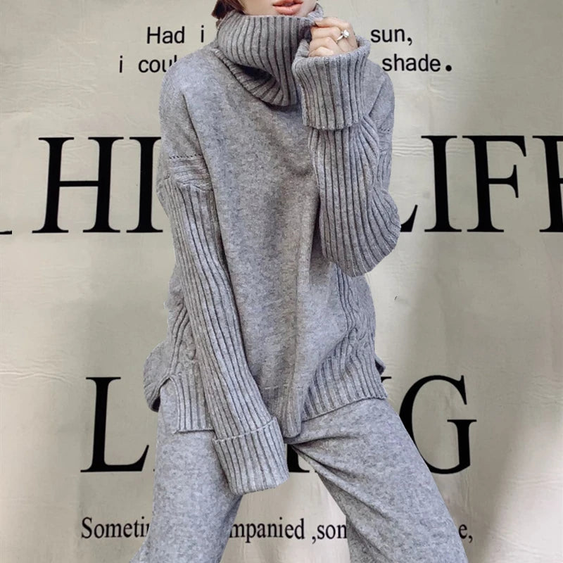 Autumn Winter 2 Pieces Women Sets Knitted Tracksuit 2025 New Turtleneck Sweater and Wide Leg Jogging Pant Pullover Suits