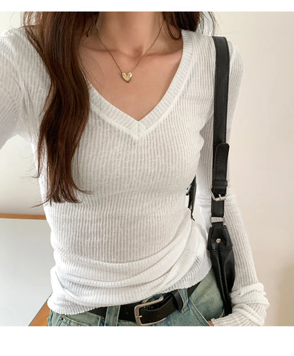 Autumn Sexy Classic V-neck Knitted Female T-shirts New Elastic Fashion Slim Simple Casual Pure Color Long Sleeves Women T-shirts