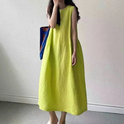 Minimalist Summer Lazy Style round Neck Long Oversized Sleeveless Dress Maxi Dress Comfortable Loose Fit V-Neck Knee-Length Dres
