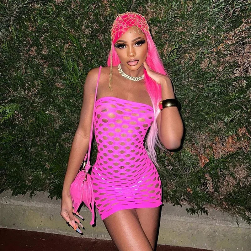 Pink Mini Dress Women Strapless See Through Backless Sleeveless Skinny Vestido Female Party Night Clubwear Mesh Lingerie Dress