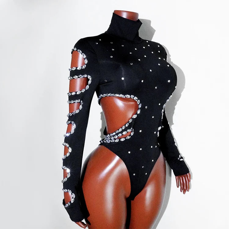 rhinestHollow Out Sexy Black Women Bodysuit pants Sets Long Sleeve Turtleneck Bodysuits Clubwear Costumes Stars Hot Singer Stage