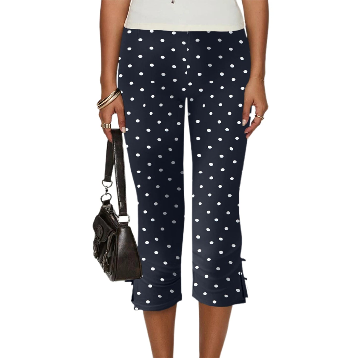 Women Capri Pants Solid Color Bow Decor Summer Casual Cropped Pants Stretch Crop Leggings